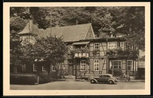 AK Trusetal, Gasthaus Zum Trusentaler Wasserfall, Fachwerk
