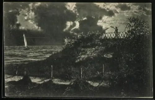 AK Timmendorfer Strand, Uferpartie während einer Mondnacht, Segelboot auf der Ostsee