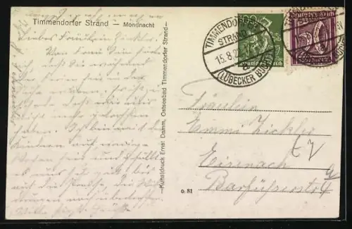 AK Timmendorfer Strand, Uferpartie während einer Mondnacht, Segelboot auf der Ostsee