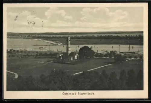 AK Travemünde, Blick auf den Leuchtturm und Mündung der Trave