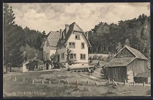 Künstler-AK Melsbeke, Vue d`une maison entourée de forêt et de granges