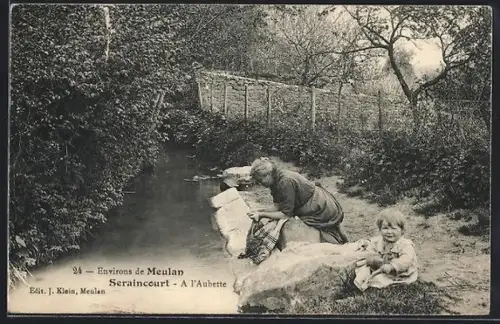 AK Seraincourt, À l`Aubette, scène de lessive au bord de l`eau avec un enfant