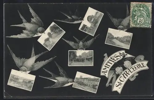 AK Saint-Cyr-l`École, Hirondelles transportant des photos avec inscription Amitiés de St-Cyr-l`École