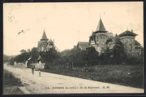 AK Poissy /S.-et-O., Île de Migneaux, vue des bâtiments pittoresques et de la route adjacente