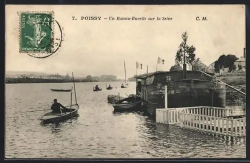 AK Poissy, Un Bateau-Buvette sur la Seine