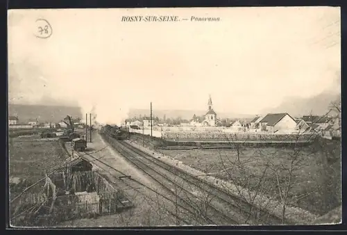 AK Rosny-sur-Seine, Panorama avec voie ferrée et église au fond