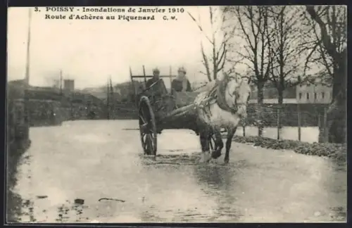 AK Poissy, Inondations de Janvier 1910, Route d`Achères au Piquenard