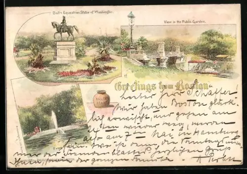 Lithographie Boston, MA, Ball`s Equestrian Statue of Washington, View on the Public Garden
