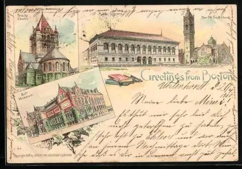 Lithographie Boston, MA, Public Library, Art Museum, Trinity Church