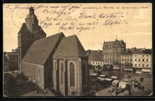 AK Landsberg a. Warthe, St. Marienkirche u. Markt