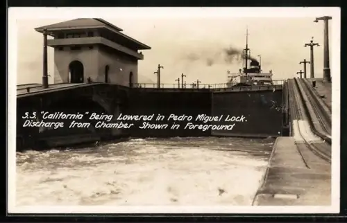 AK Panama Canal, California being lowered in Pedro Miguel Lock, Discharge from Chamber