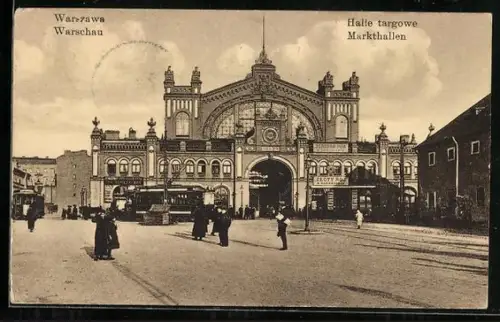 AK Warschau, Markthalle mit Strassenbahn