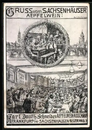 Künstler-AK Frankfurt-Sachsenhausen, Gasthaus Karl Dauth-Schneider, Neuer Wall 7