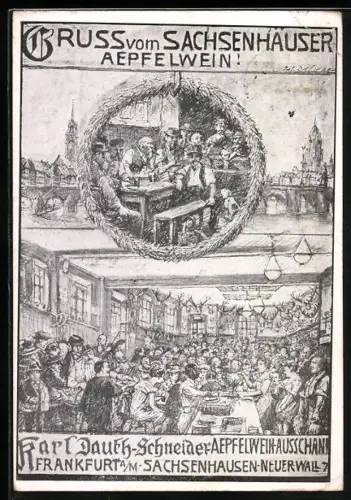 Künstler-AK Frankfurt-Sachsenhausen, Gasthaus Karl Dauth-Schneider, Neuer Wall 7