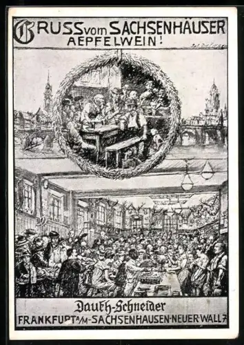 Künstler-AK Frankfurt-Sachsenhausen, Gasthaus Karl Dauth-Schneider, Neuer Wall 7