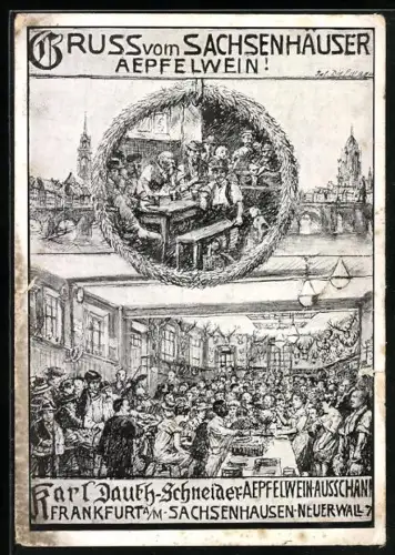 Künstler-AK Frankfurt-Sachsenhausen, Gasthaus Karl Dauth-Schneider, Neuer Wall 7