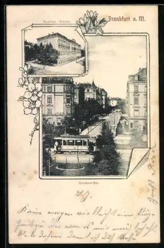 AK Frankfurt-Sachsenhausen, Strassenbahn in der Gutzkowstrasse, Souchay-Schule