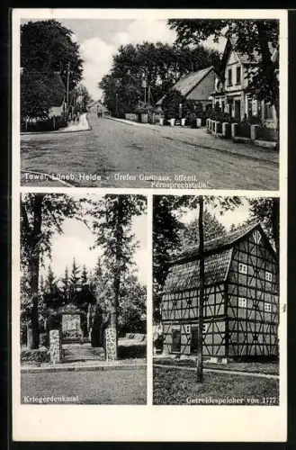 AK Tewel /Lüneb. Heide, Grefes Gasthaus, Kriegerdenkmal, Getreidespeicher