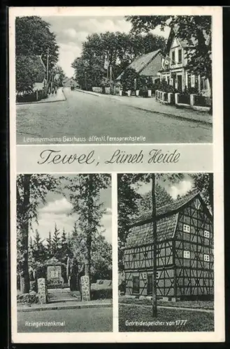 AK Tewel /Lüneb. Heide, Lemmermanns Gasthaus, Kriegerdenkmal, Getreidespeicher