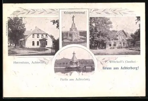 AK Achterberg / Dorfmark, P. Wehrhoff`s Gasthof, Herrenhaus, Kriegerdenkmal