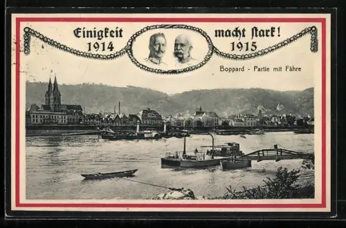 AK Boppard, Partie mit Fähre, Kaiser Wilhelm II., Kaiser Franz Josef I.