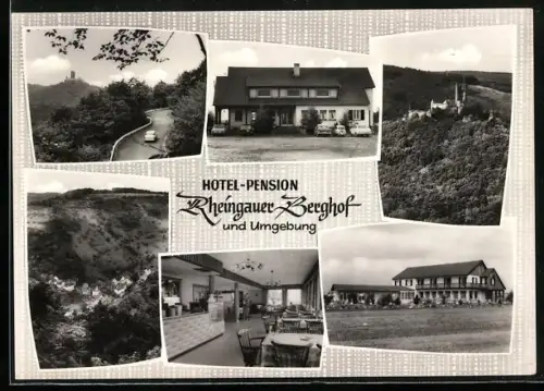 AK Ransel im Rheingau, Hotel-Pension-Café Rheingauer Berghof mit Innenansicht und Umgebung