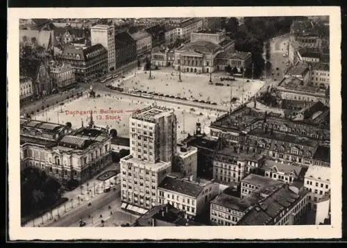 AK Leipzig, Platz mit Strassenbahn und Bellevue - Europas höchstem Dachgarten