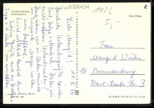 AK Ueckermünde, Bushalteplatz mit Geschäften und Leuten