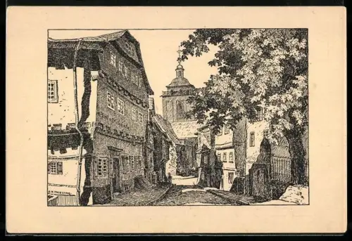 Künstler-AK Siegen, Burgstrasse und Nikolaikirche