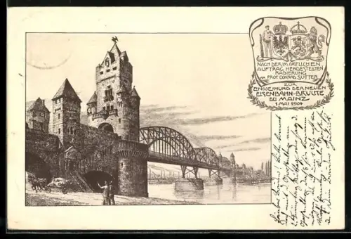 Künstler-AK Mainz, Zur Einweihung der neuen Eisenbahnbrücke 1904