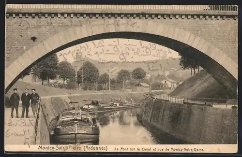 AK Montcy-Saint-Pierre /Ardennes, Le Pont sur le Canal et vue de Montcy-Notre-Dame