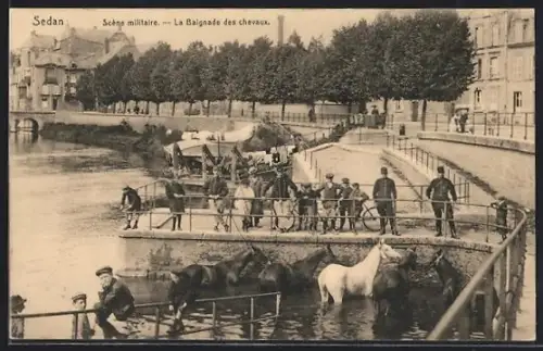 AK Sedan, scéne militaire, la baignade des chevaux