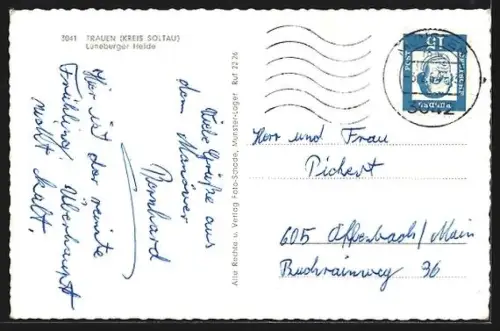 AK Trauen /Lüneburger Heide, Löns-Gedenkstein, Schule, Alte Lüneburger Heerstrasse