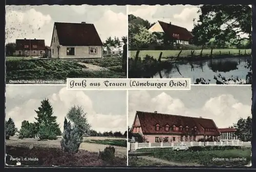 AK Trauen /Lüneburger Heide, Geschäftshaus V. Lewandowski, Schule und Heidepartie