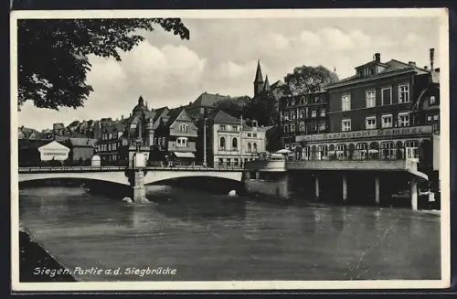AK Siegen, Partie an der Siegbrücke mit Cafe-Restaurant-Sommer