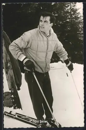 AK Schauspieler Toni Sailer auf Skiern
