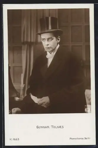 AK Schauspieler Gunnar Tolnaes mit Zylinder