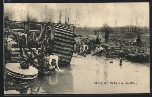 AK St. Souplet, Les ruines du moulin et travailleurs au bord de l`eau