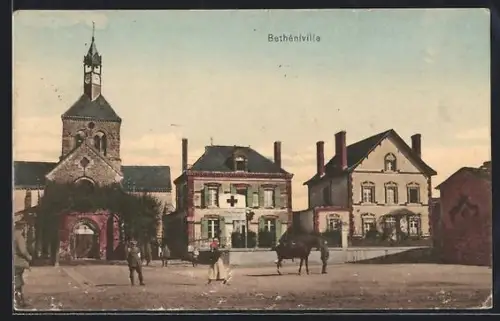 AK Bétheniville, Vue de la place principale avec l`église et bâtiments historiques