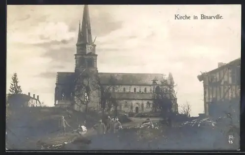AK Binarville, Église vue de face avec bâtiments environnants