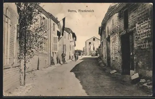 AK Berru, Rue principale avec drapeau et habitants