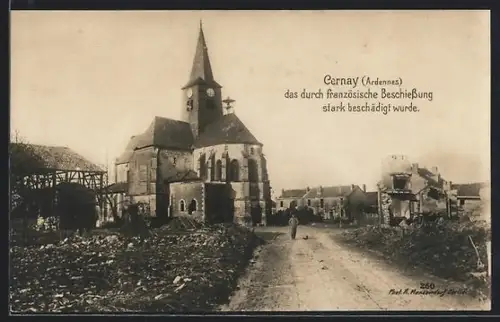AK Cernay-en-Dormois /Ardennes, Durch französische Beschiessung beschädigte Kirche 1915