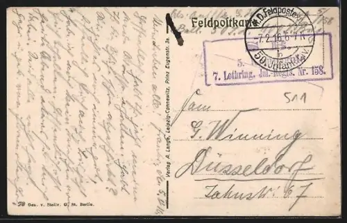 AK St. Masmes, Vue de la rue avec groupe de soldats devant des maisons et arbres en hiver