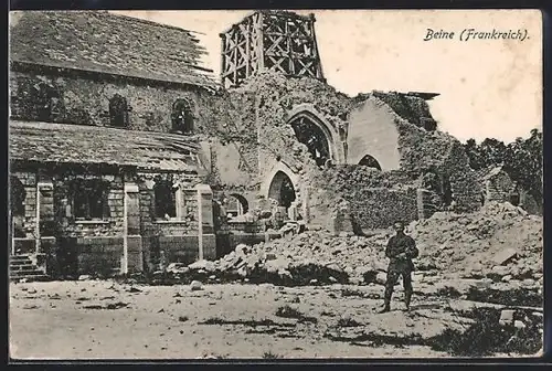 AK Beine, Ruines de l`église après le bombardement