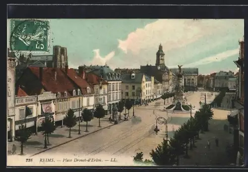 AK Reims, Place Drouet-d`Erlon avec statue et bâtiments environnants