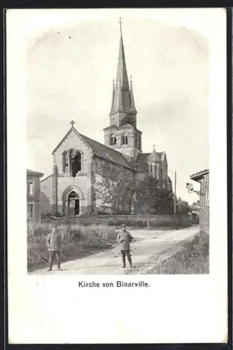 AK Binarville, Église de Binarville avec chemin et villageois au premier plan