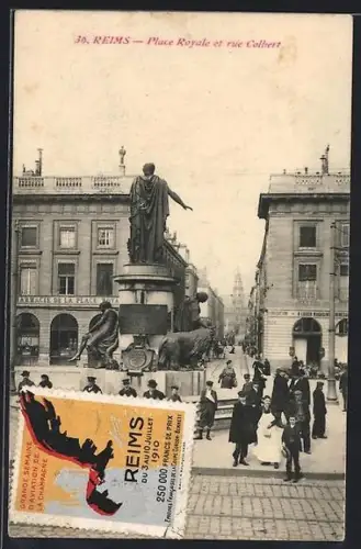 AK Reims, Place Royale et rue Colbert avec statue et passants animés