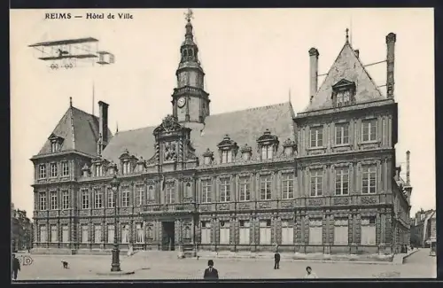 AK Reims, Hôtel de Ville avec avion en arrière-plan