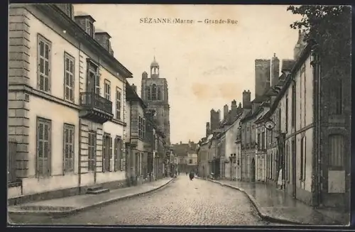 AK Sézanne /Marne, Grande-Rue avec vue sur l`église en arrière-plan