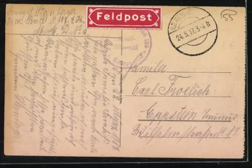 AK Bantheville, Strassenpartie mit Kirche